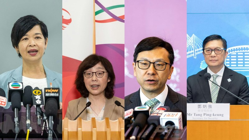 左起:房屋局局长何永贤、发展局局长宁汉豪、劳工及福利局局长孙玉菡、保安局局长邓炳强。
