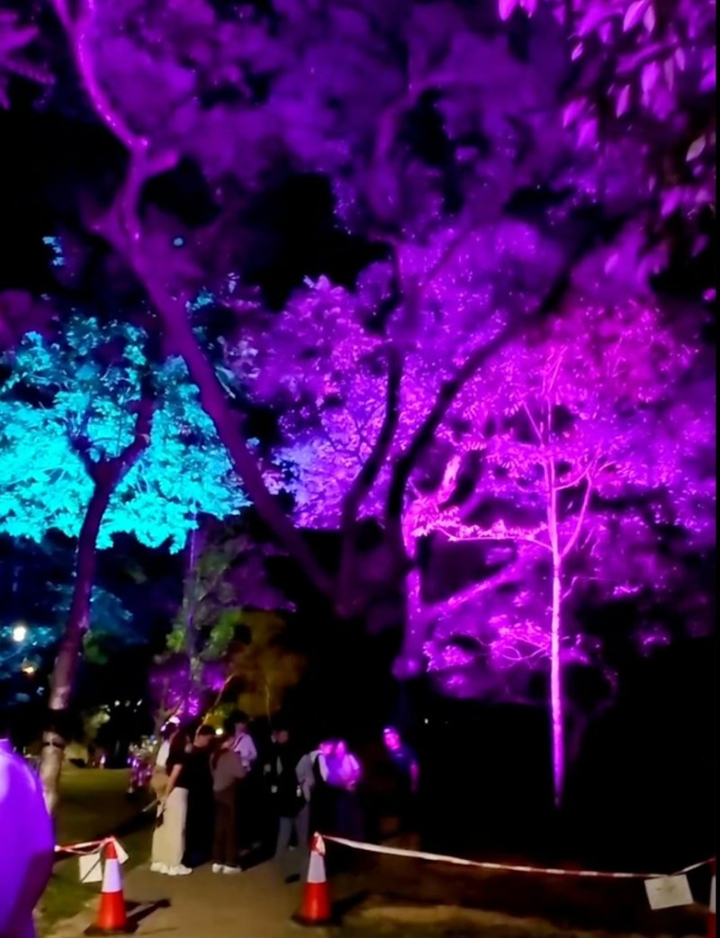 有市民10月13日在太平山顶夜跑时,发现现场有人员在测试灯影效果项目。(bonnietrailfreak@Threads)