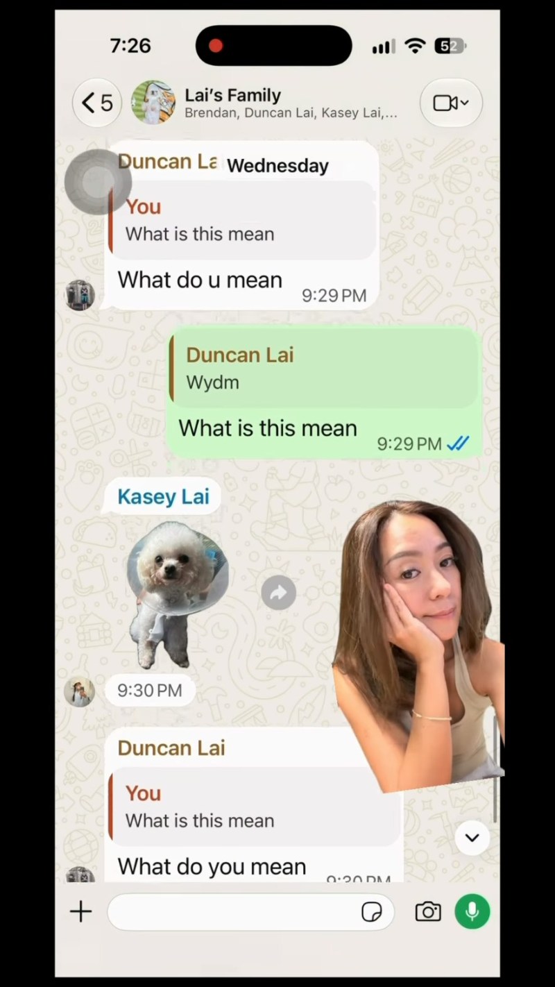 二仔一句「Wdym」引发无限Loop。(IG@imchristyleung)