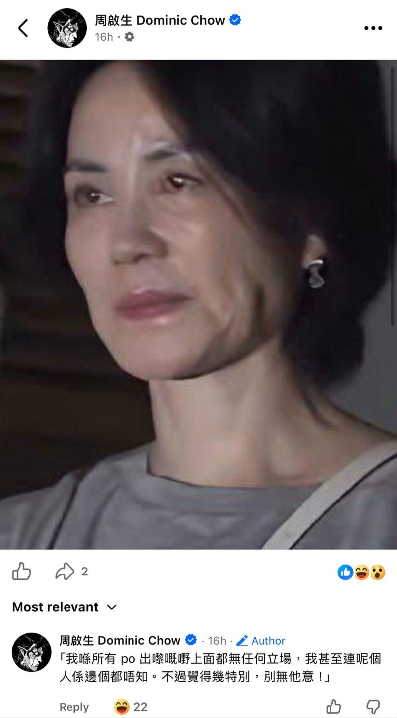 周启生贴王菲黑图,并表示:「我甚至连呢个人系边个都唔知。不过觉得几特别,别无他意!」(Facebook/@周启生 Dominic Chow)