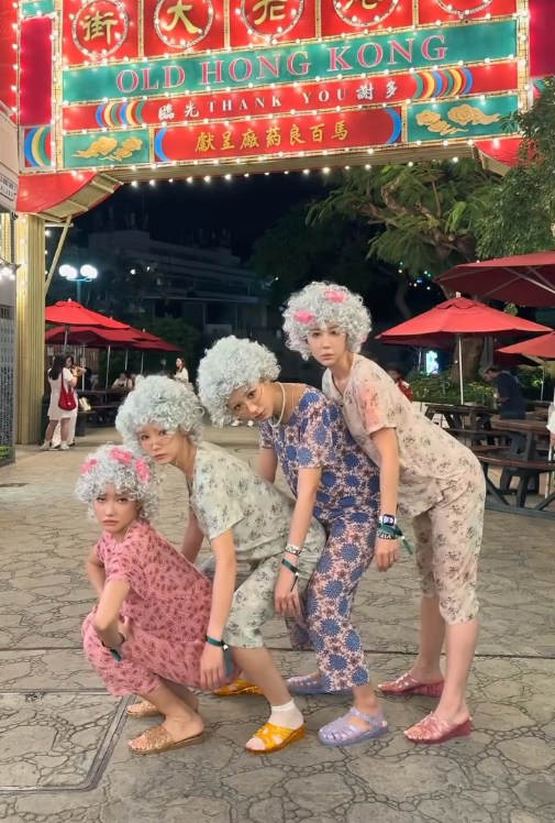 四位好姊妹在发文中亦发挥幽默本色,搞笑配文自嘲:「阿婆走得快,一定有古怪,阿婆眼朦朦睇唔清系人定鬼,你哋帮我哋睇啦!」。(IG@kan_jessica)