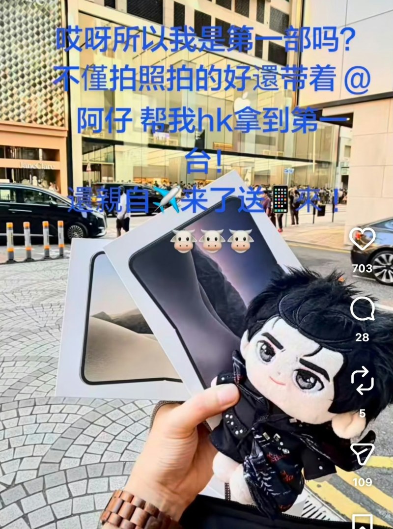 何先生手执代表住陈晓东的公仔,全程陪自己去拎机,并将影片剪辑放在陈晓东的社交平台上分享。(网页截图)